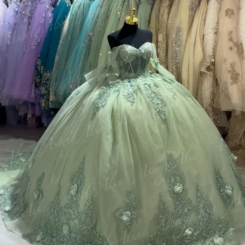 Luxury Princess Girl Quinceanera Dress Ball Gown Off Shoulder Crystal Flower Applique Women Birthday Party Prom Dress 15 Formal