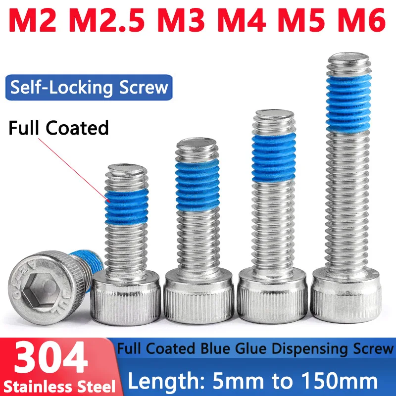 M2 M2.5 M3 M4 M5 M6 304 Stianless Steel Allen Hexagon Hex Socket Head Cap Bolt Full Coated Blue Glue Dispensing Screw L=5-150mm