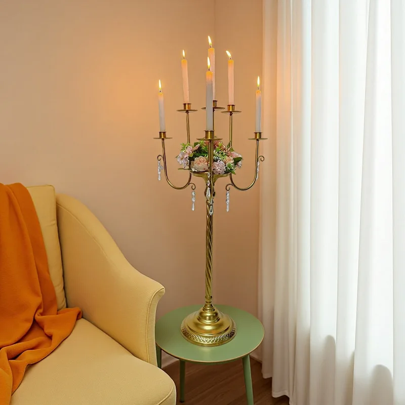 

European Gold Multi-arm Candle Holder with Crystal Pendants, Wedding Table Centerpiece Decor for Window Display