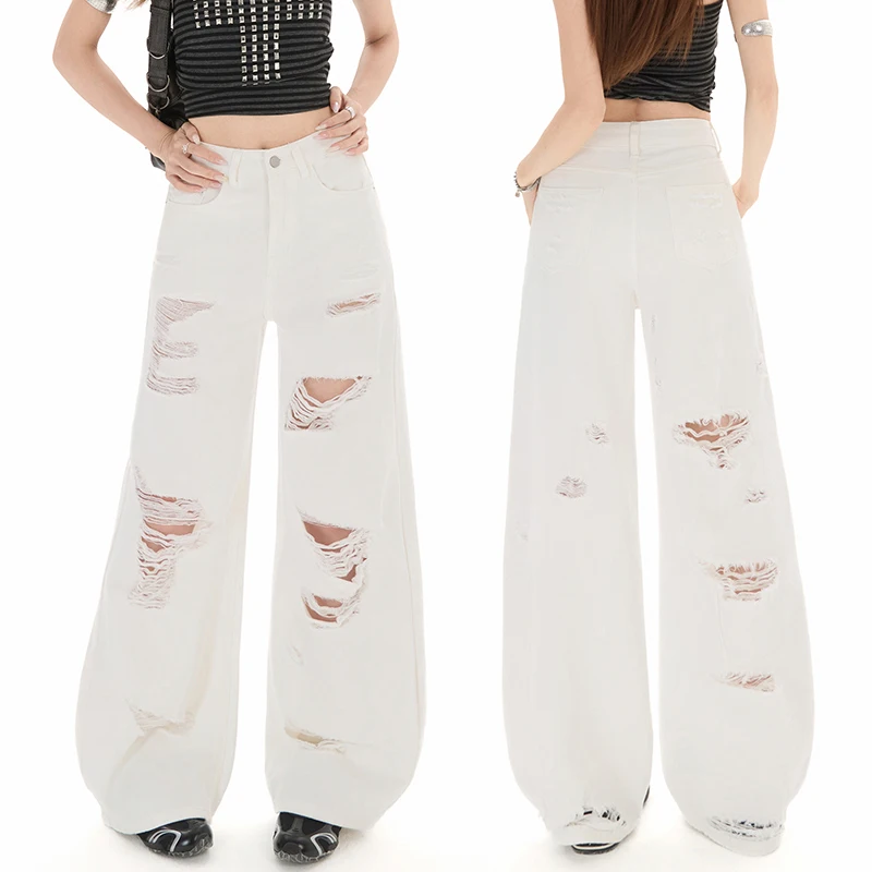 KSTUN White Ripped Wide Leg Jeans Women High Waist Distressed Destroyed Hole Denim Pants Y2K Grunge Loose Casual Trousers Summer