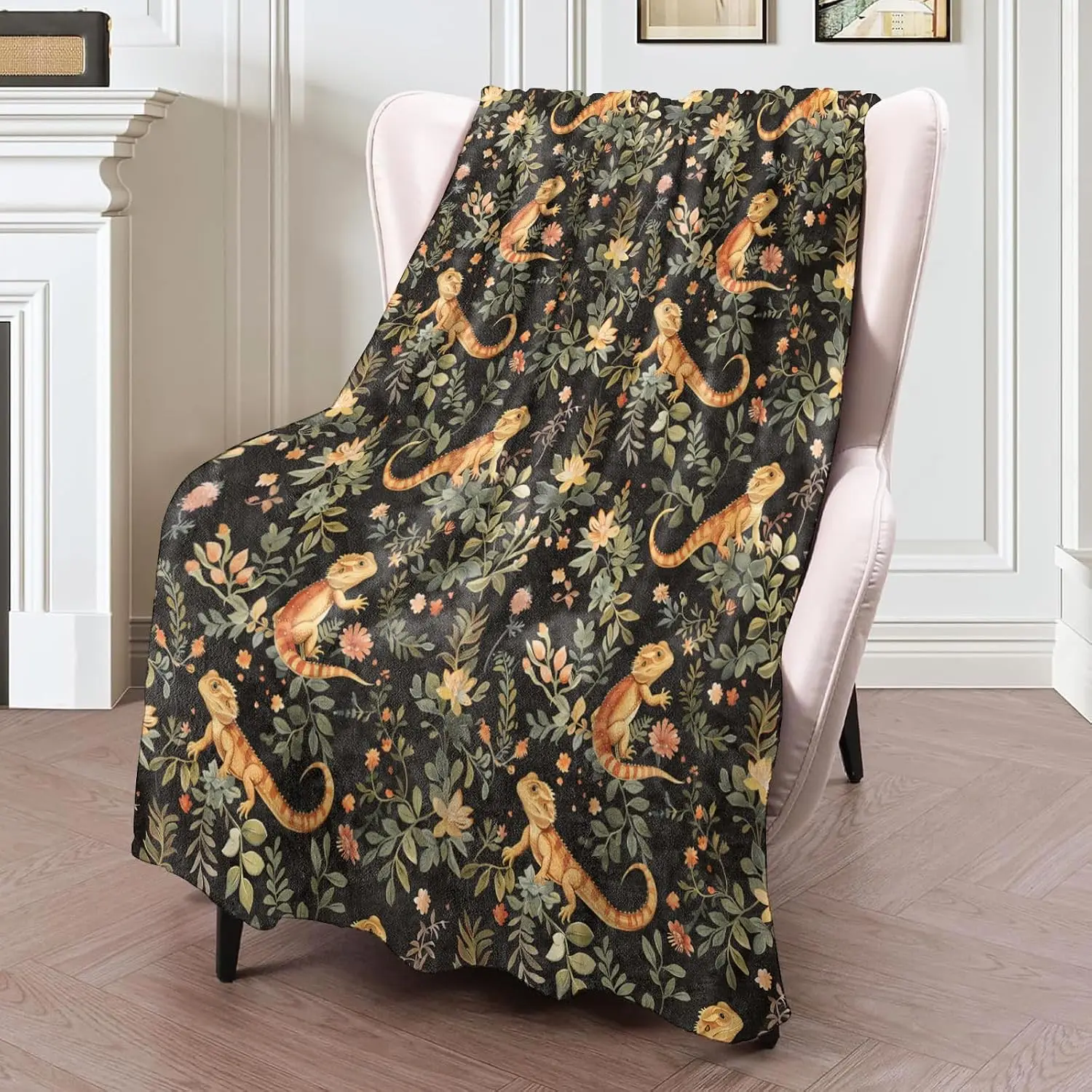 Bearded Dragon Lightweight Flannel Blanket Orange Lizard Wildflower Nature Decor Gifts for Reptile Lovers Room Decorations