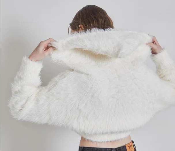 

Japanese Style Solid Color Imitation Mink Fur Hooded Long Sleeve Short Cardigan Sweet Girl Versatile Zipper Knitted Sweater Coat