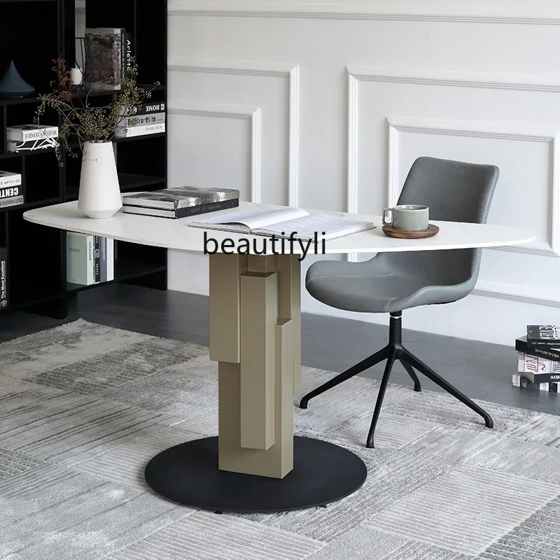 

07Light Luxury Stone Plate Desk Simple Modern Italian Minimalist Small Apartment Study Laptop Office Desk and Chair Home