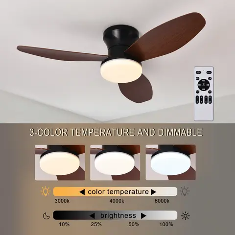 조명 및 리모컨 포함 천장 선풍기, LED 천장 선풍기, 3 개의 선풍기 블레이드, 실내 침실 거실 다이닝 룸 주방, 34.6 인치