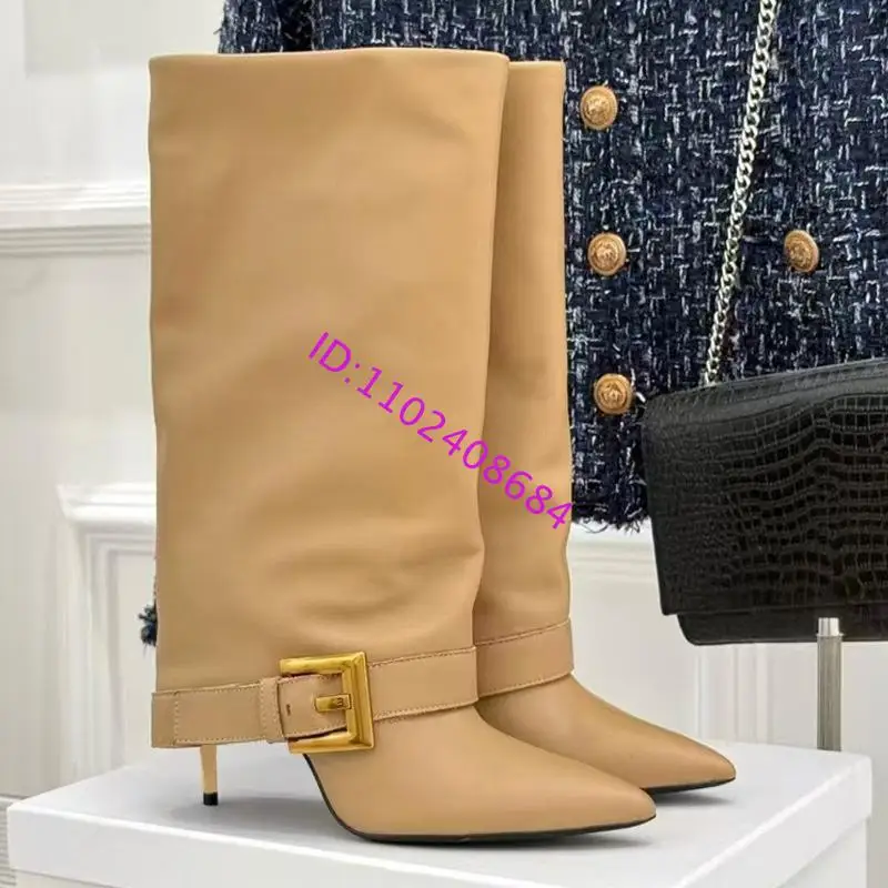 Design Women Metal High Heel Pointed Toe Belt Buckle Knee High Boots Sexy Women Pointy Gold Belt Buckle Knee Boots Plus Size 46