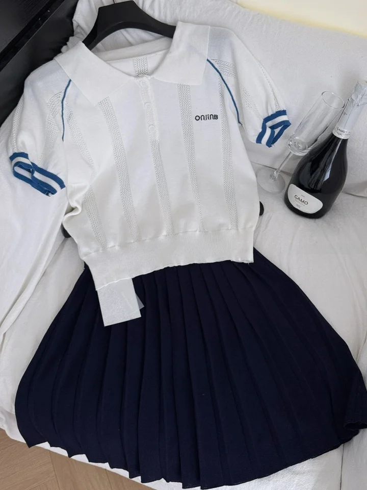 

Летний трикотажный топ и юбка с высокой талией, комплект из двух предметов для девочек-подростков, эффект похудения, модный наряд синего цвета