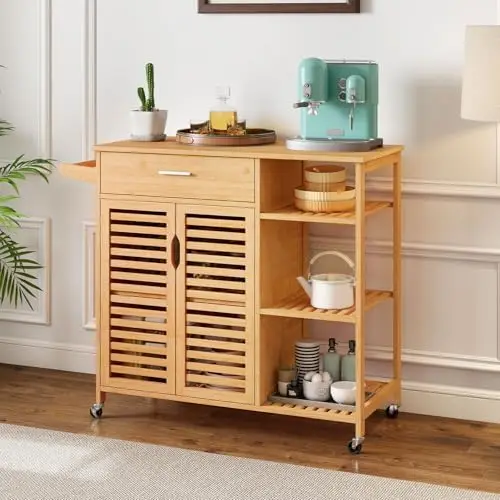Bamboo Kitchen Island Cart, Rolling Butcher Block with Large Drawer, 2-Door Cabinet, 3-Tier Open Shelves, Towel Rack
