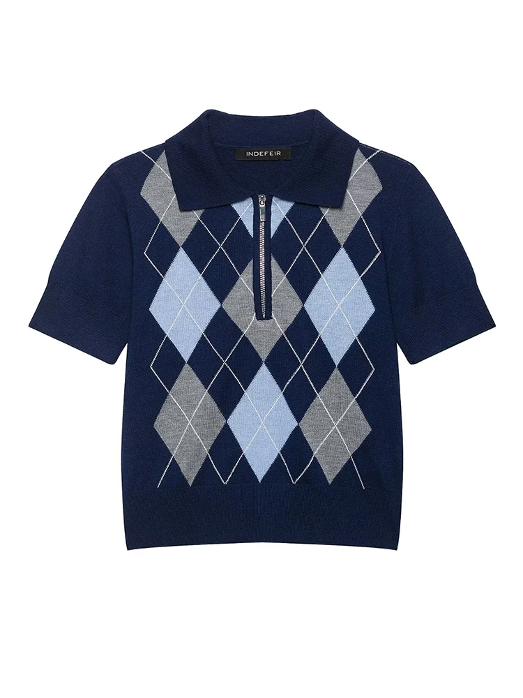 HH Women Spring Summer Argyle Knit Polo Shirt Lapel Collar Placket Ribbed Hem Cuffs Diamond Pattern Casual Office Daily Top