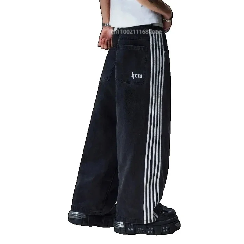 Costumi di danza di strada, pantaloni a gamba larga a gamba dritta a righe, pantaloni casual larghi, jeans hip-hop da strada con personalità retrò americana