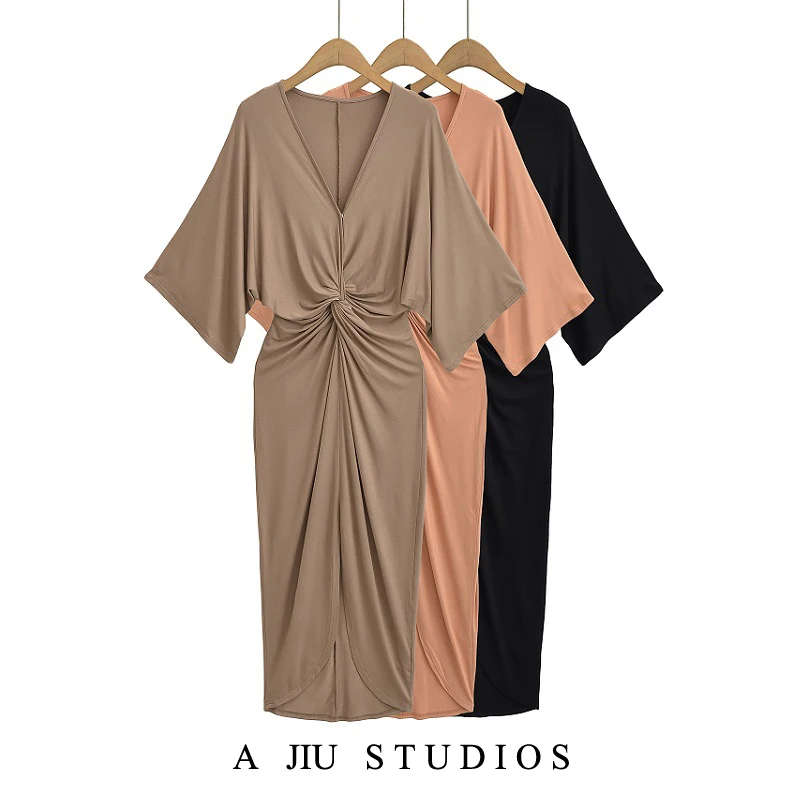

Sexy Mid-Length Wrap Dr with Deep V-Ne Knot Front Slit Waist-Cinching Midi Dr for Women Spring 2025 Season Pure Color