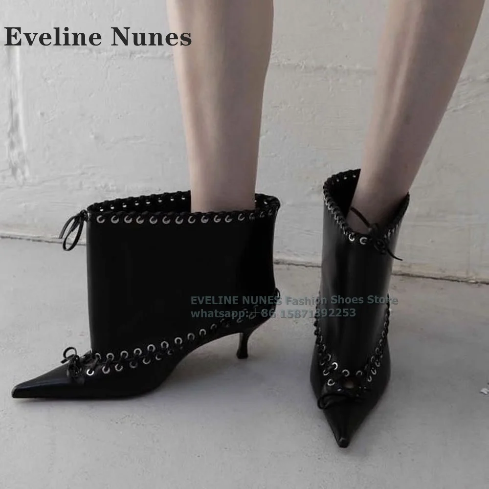 Black Eyelets and Whipstitching Ankle Boots Pointed Toe Rubber Kitten Heel Solid Fashion Modern Boot New Arrivals Street Style