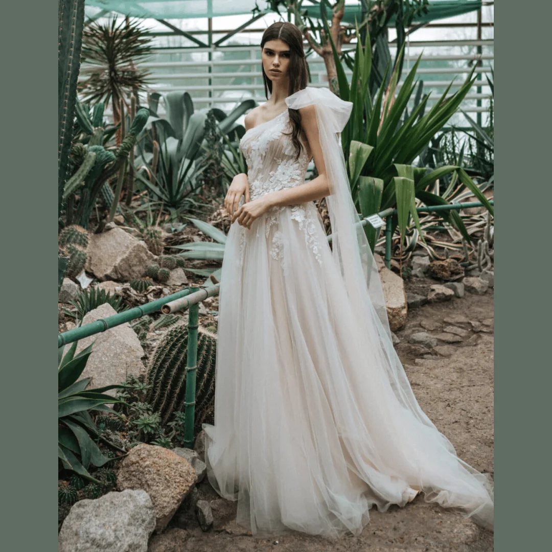 

Chic Tulle One-Shoulder Wedding Dresses With Bow Elegant Vintage A-line Appliques Pleats vestidos de novia Church Marriage Party