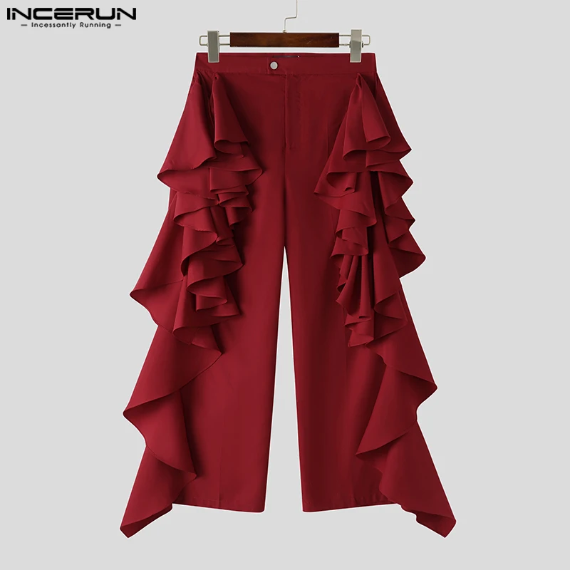 INCERUN 2026 Men's Pants Solid Color Button Joggers Loose Ruffle Casual Irregular Trousers For Man Streetwear Fashion Long Pants