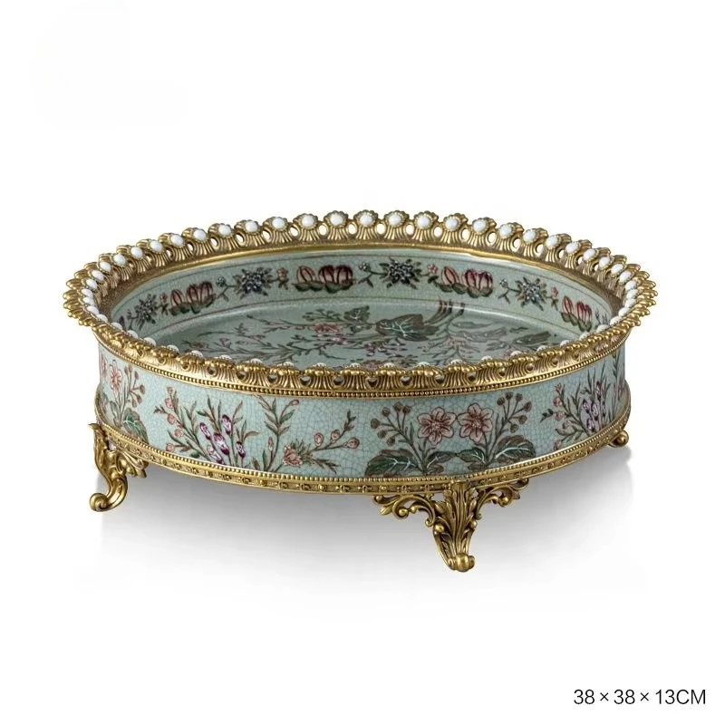Chinese French round tray hand-painted flower pattern brass porcelain fruit bowl desktop wedding home decoration