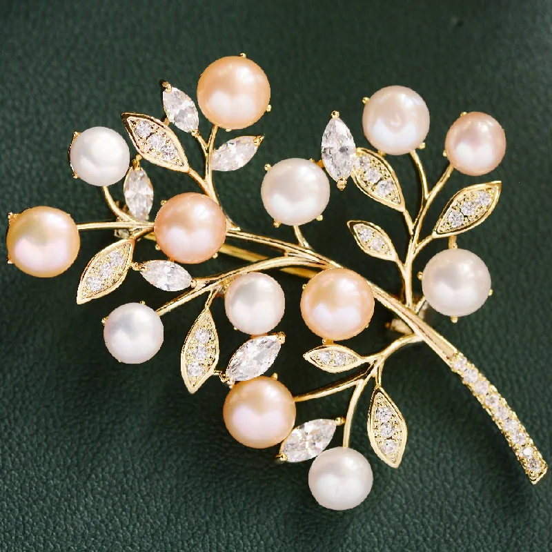 Korean New Micro-inlaid Zircon Freshwater Pearl Tree Brooch Elegant Temperament Coat Suit Accessories Pins for Women view 3