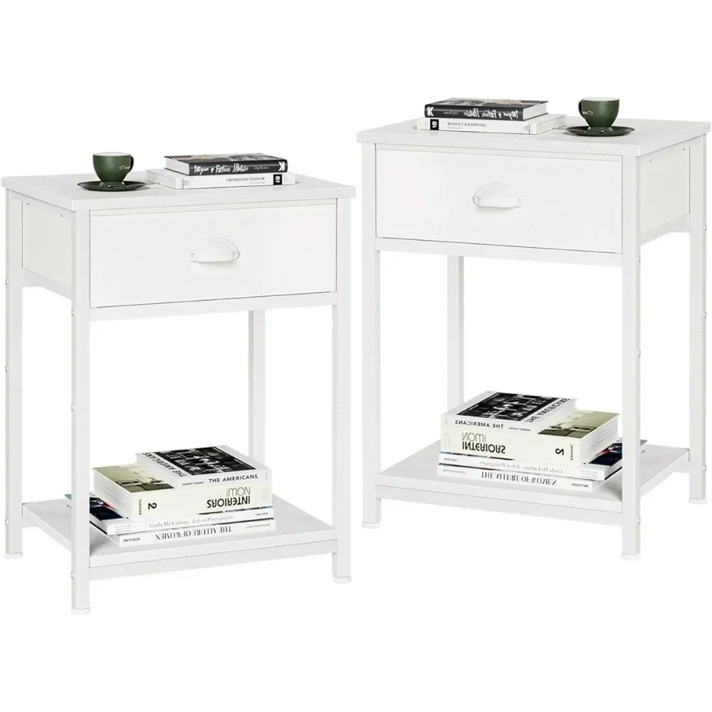 White Nightstands Set of 2, End Table with Fabric Drawer, Small Side Table for Small Spaces, 2 Tiers Storage Shelves for Bedroom