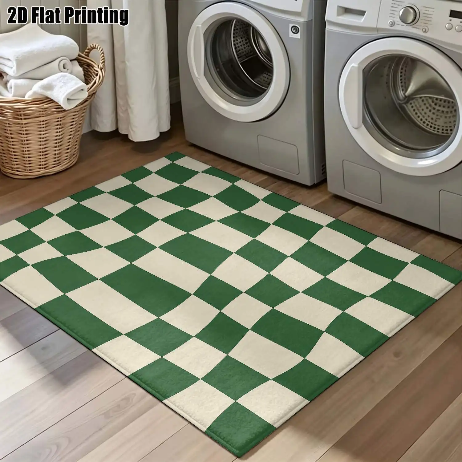1Pc 2D Printed Carpet: Green White Geometric Wave Nordic Style, Instagram-Worthy Home Decor Rug, Machine Washable, Multi-Size for Entrance, Dining, Living, Bedroom