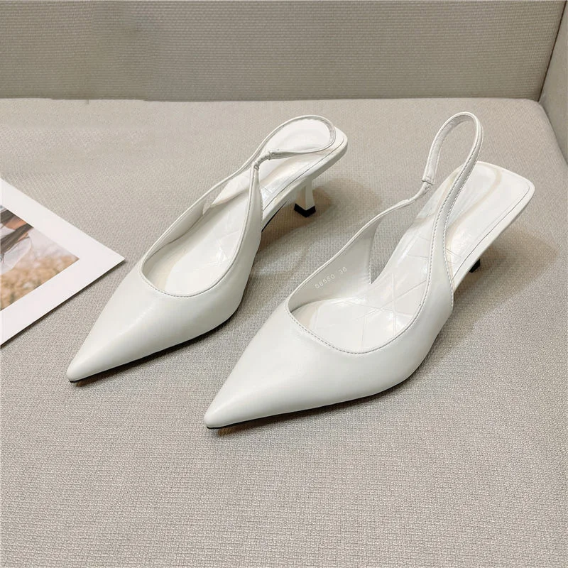 Korea Women Pointed Toe Stiletto Heel Sandals Women\'s Back Empty Shallow Single Shoes 2022 New Summer Girls Mid-heel White Pumps