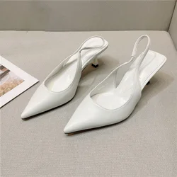 Korea Women Pointed Toe Stiletto Heel Sandals Women's Back Empty Shallow Single Shoes 2022 New Summer Girls Mid-heel White Pumps