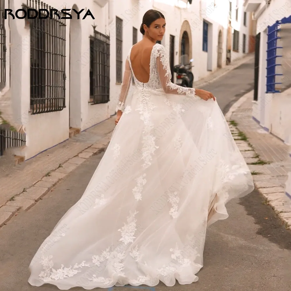 RODDRSYA-Vestidos De Novia con cuello en V y espalda descubierta, Vestidos De Novia De encaje De manga larga, apliques De tul, línea A, Vestidos De Novia hechos a medidaRoddsya V collar vestido de novia de espalda abie