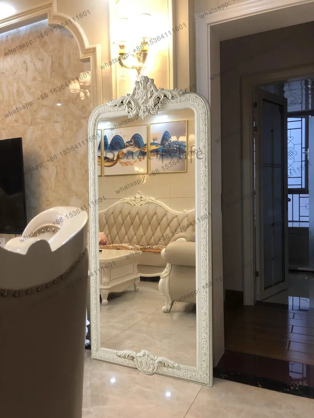 

02European retro full-length mirror full-body floor mirror home art carving