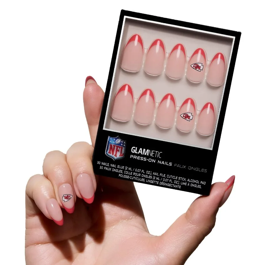 

Fanatics Press On Nails Kansas City Chiefs Короткие миндалевидные накладные ногти с NFL Chiefs Красные французские кончики для футбольного болельщика
