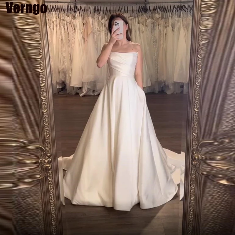 

Verngo A-line Wedding Dress Sleeveless Strapless Bride Dress 2024 Floor Length Satin Elegant Long Bridal Gown Robe De Mariee