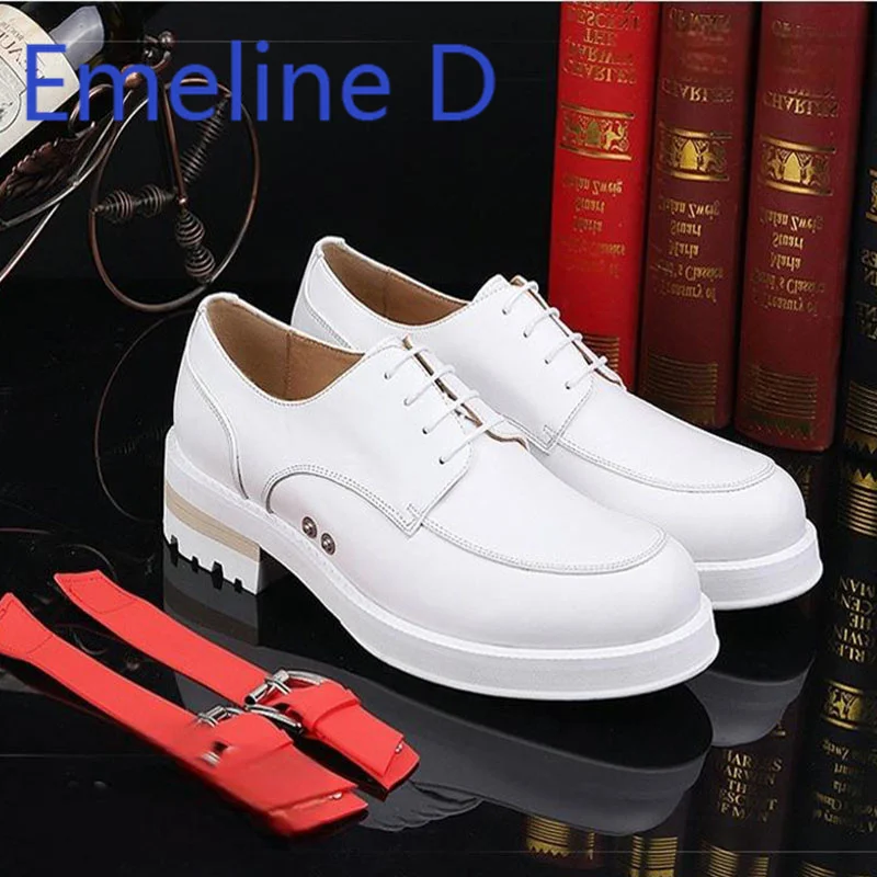 

White Shoes Men's Workwear Shoes Fashionable Thick Soled Sponge Shoes Trendy Brand White Belt Buckle Design Casual Shoes