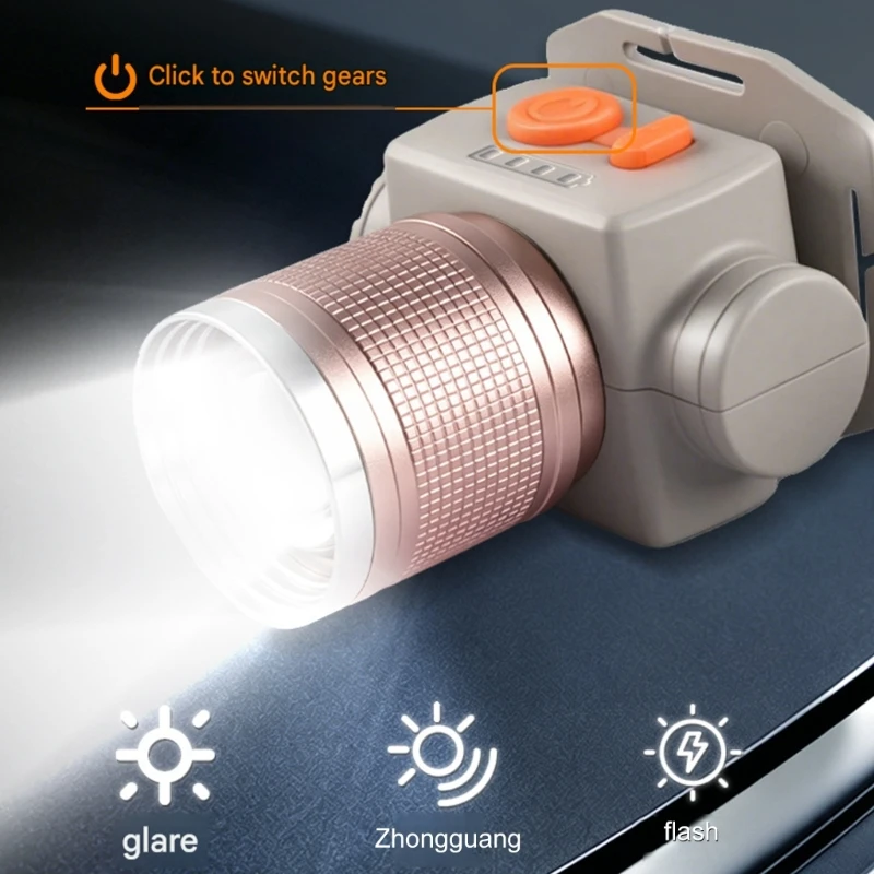 Rechargeable Forehead Lamp with USB Port, Slide Beam and Stretch Wrap for Camping, Hiking and Outdoor Repair Work 69HD