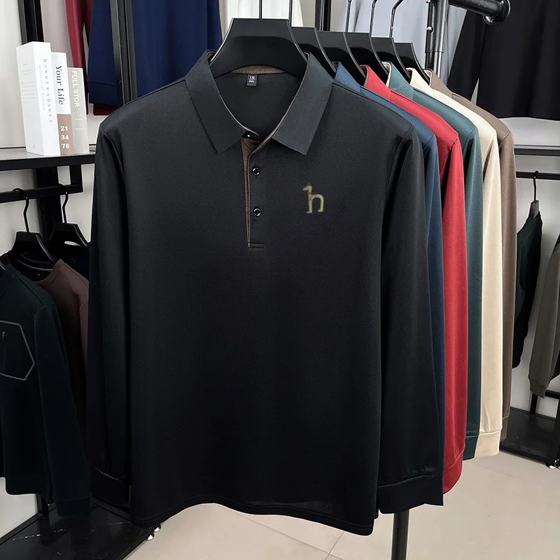 Hochwertiges Herren-Polohemd mit Originaldruck, Herbst-Trend, einfarbig, Revers, Langarm-T-Shirt, Business-Casual-Herrenbekleidung – Detail 12