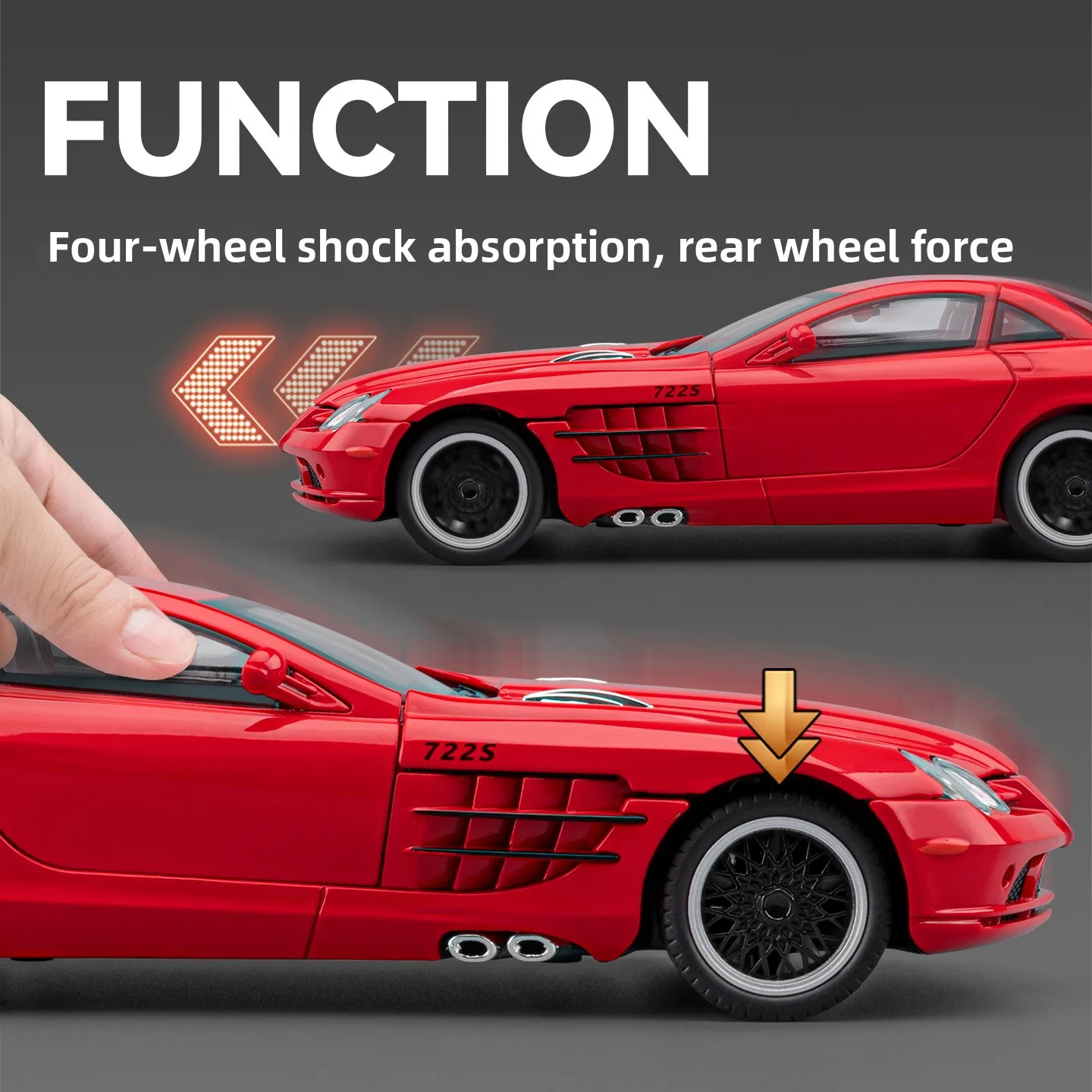 1:24 SLR 722S おもちゃのスポーツカーモデル金属ダイキャストサウンドライトプルバックドアオープン車両モデル装飾品ギフト