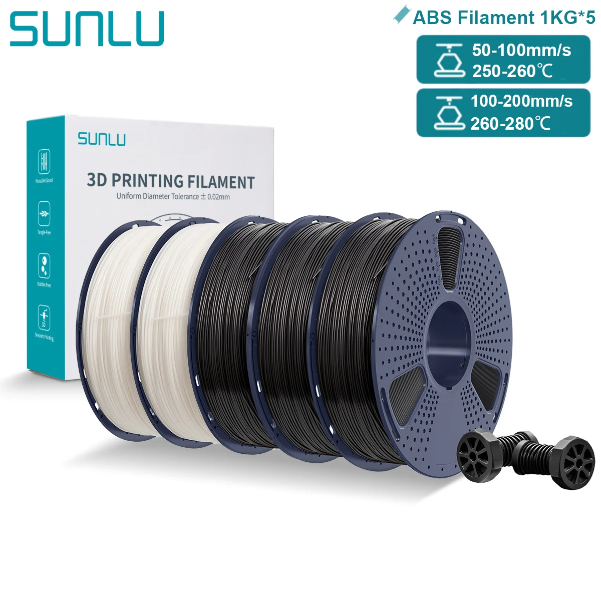 SUNLU ABS 3D-filament 5x1KG 1,75 mm Hoge sterkte Robuust Duurzaam 100% geen bubbels Premium printmateriaal voor FDM 3D-printers