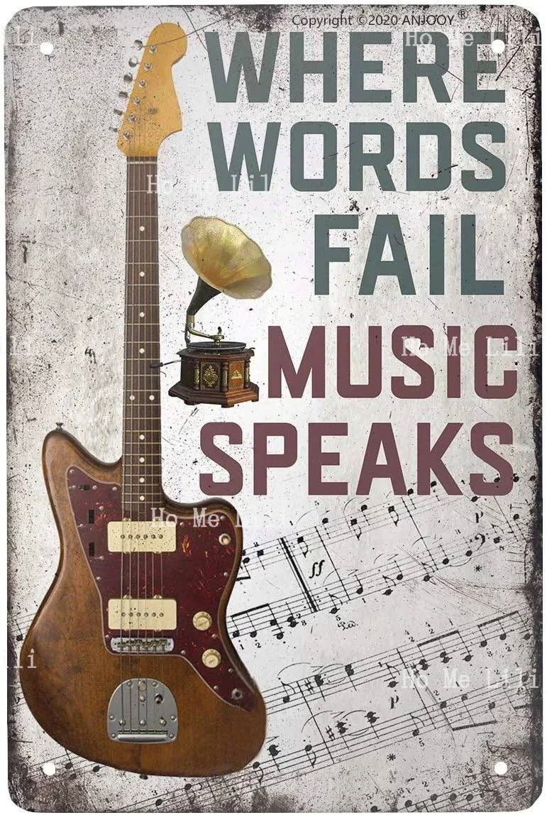 Vintage Metal Guitar Tin Sign Where Words Fail Music Speaks Musical Bar Pub Cafe Wall Kitchen Bathroo Poster Karaoke Decor Art