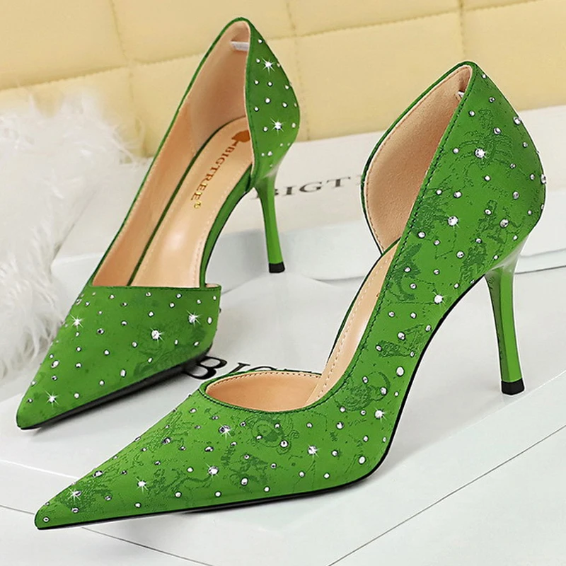 BIGTREE Shoes Rhinestone Design Kitten Heels Women 8 Cm Pumps Silk Satin Luxury High Heels Stilettos Banquet Shoes Plus Size 43