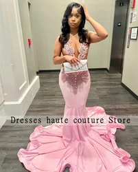 Luxury Pink Mermaid Prom Dresses 2025 For Black Girls  Beading Crystal Rhinestones Evening Dress Party Gowns Birthday Customized