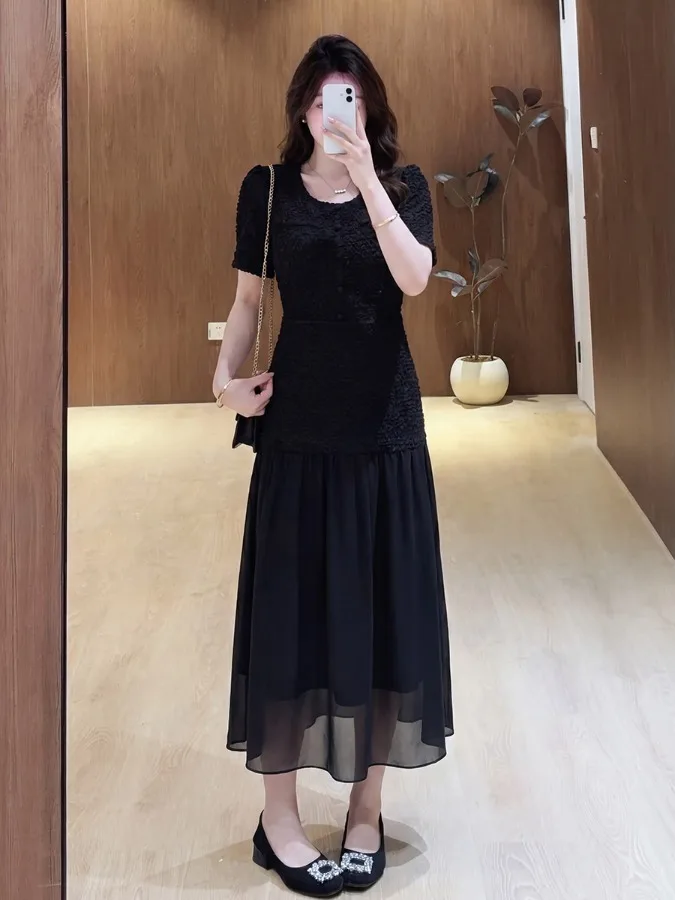

plus Size Slimming Summer New Style Patchwork Waist Cinching Elegant Knee-Length Overcoat Dress Luxury A-Line Skirt for Women