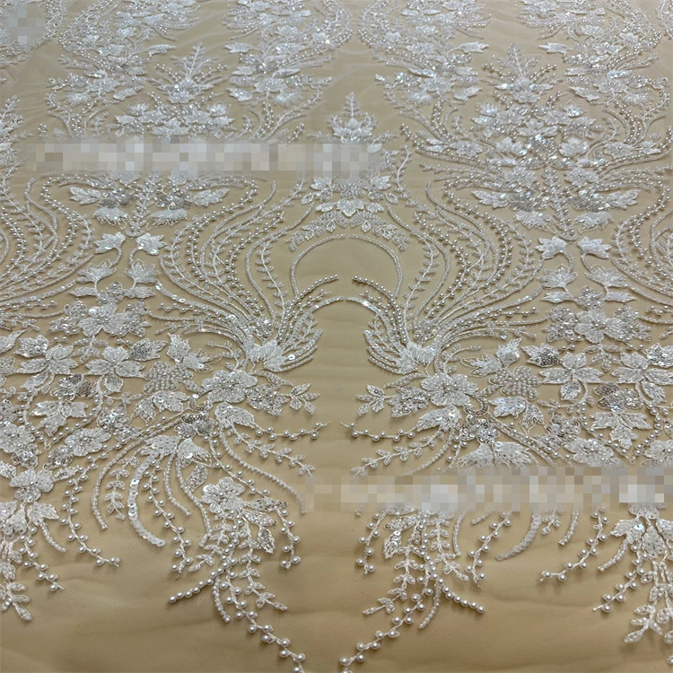 

Crystal Sequins Pearls Embroidery Beading Lace Fabric Off White Wedding Lace