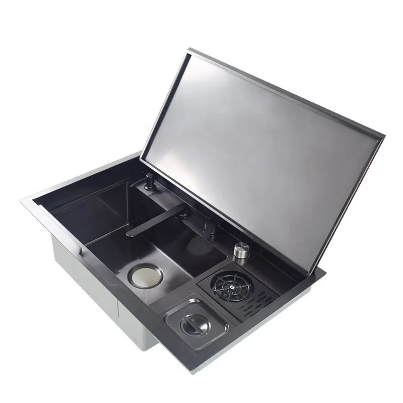 Black Hidden Sink 304 Stainless Steel Handmade Concealed kitchen sink With Intelligent Flip Cover Lifting Faucet