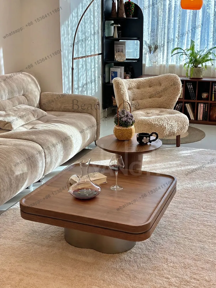 

Medieval style square walnut color small apartment living room home light luxury high-end coffee table combination