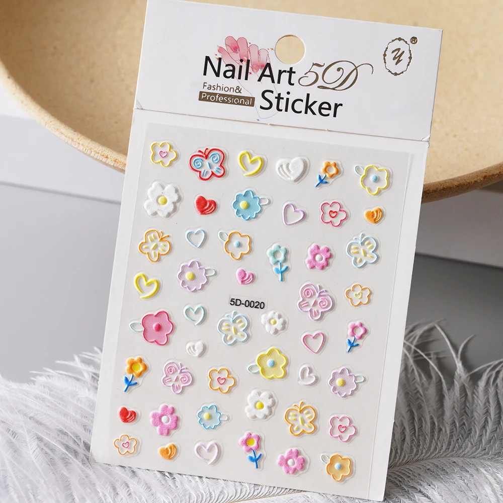 1pcs 5D Kawaii Nail Sticker Colourful Flower Letter Nail Art Slider Cartoon Manicure Self-Adhesive For Kids Girl Nail Decoration