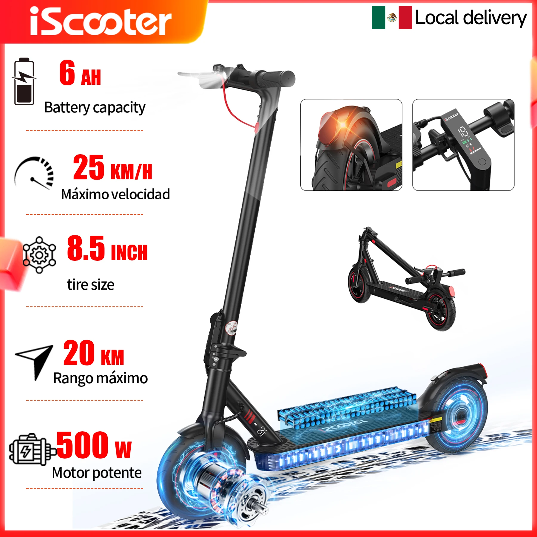 IScooter i8 350W Scooter eléctrico de doble motor Potente neumático todoterreno de 8,5 pulgadas Batería alta 6AH 25 KM/H Scooter plegable