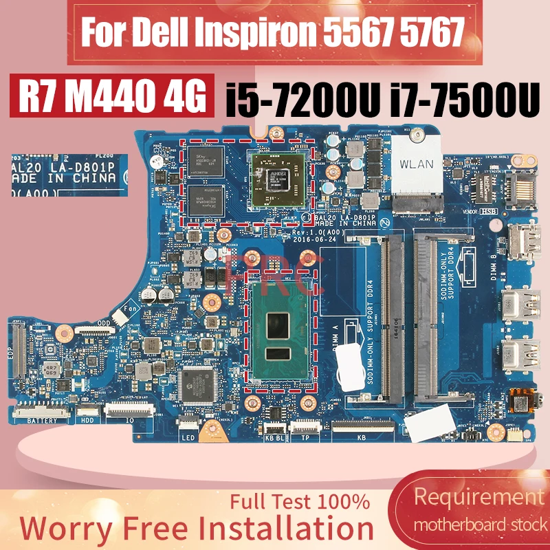 

BAL20 LA-D801P For Dell Inspiron 5567 5767 Laptop Motherboard i5-7200U i7-7500U R7 M440 4G 0KFWK9 Notebook Mainboard DDR4 Tested