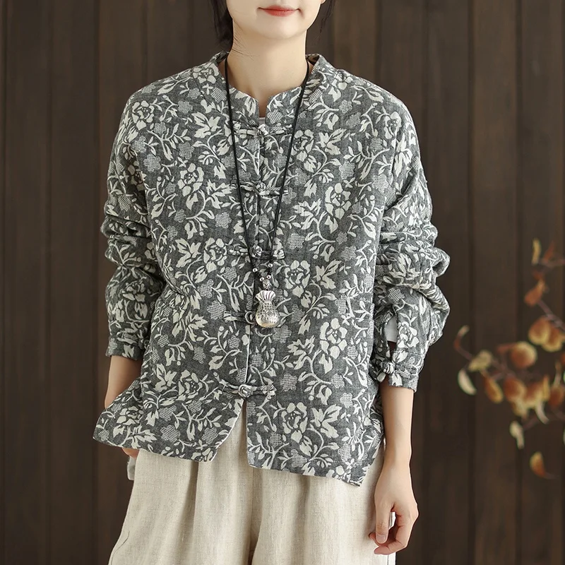 

Retro Chinese Sle Cotton Linen Print ort Jaet Loose Casual Top Button up Thiened Autumn Winter Women's Large Size
