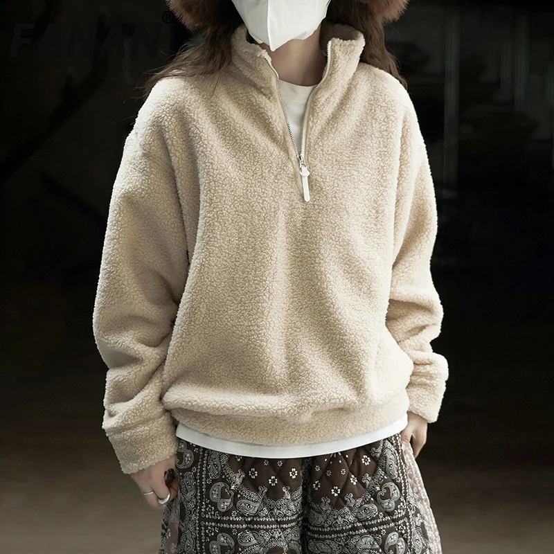 

FANAN минималистичный свитшот из овечьей шерсти, женский пуловер с воротником-стойкой и половиной молнии, топы, плотная теплая одежда, новинка зимы