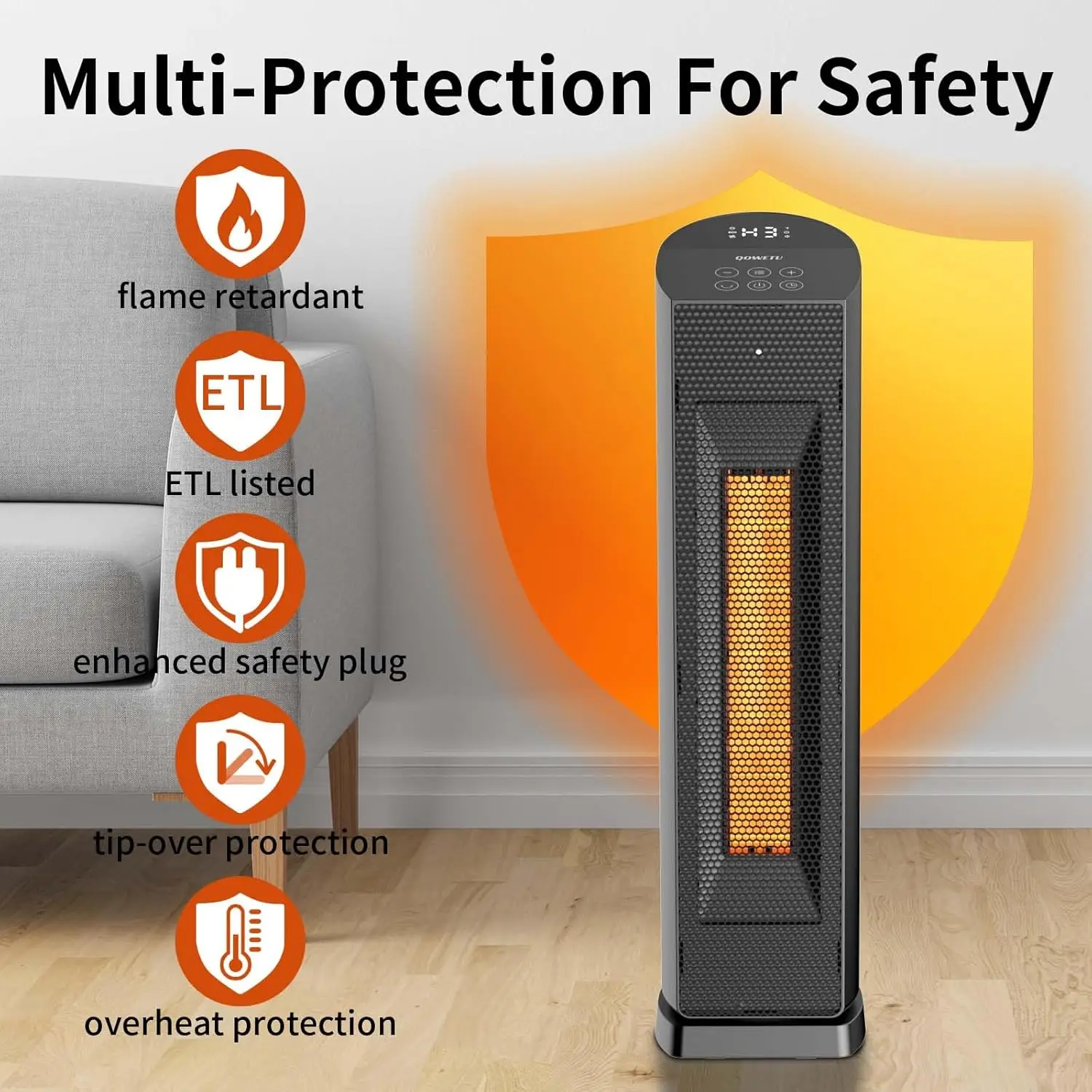 Space Heater for Indoor Use with Remote - 70° Oscillating Tower Electric Heater, 24 Inchs, 12H Timer, 1500W Quiet PTC Ceramic