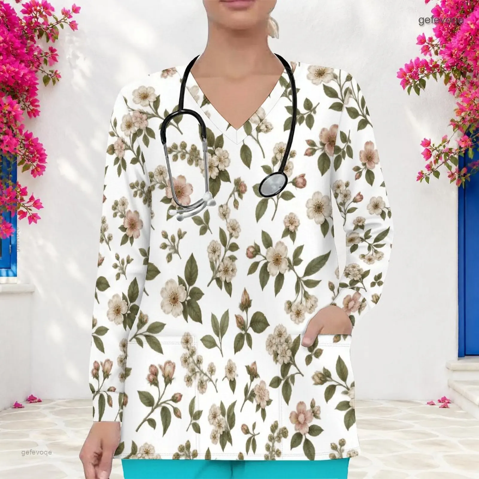 Women Peony Floral Printed V Neck Long Sleeve Scrub Top with Front Pockets
