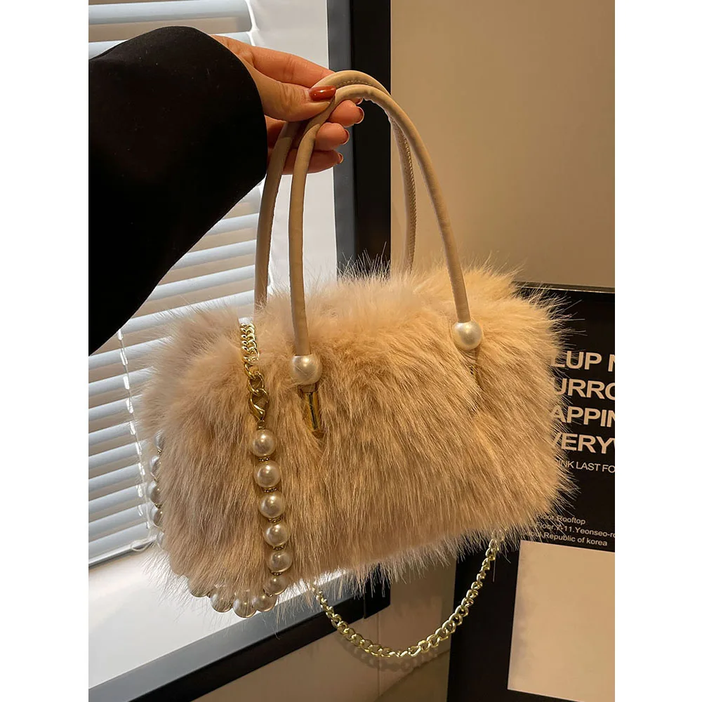 Elegant Wome nPlush Tote Bag Solid Soft Stachels Handbags Large Capacity Female Casual Fluffy Crossbody Chain Shoulder Packs