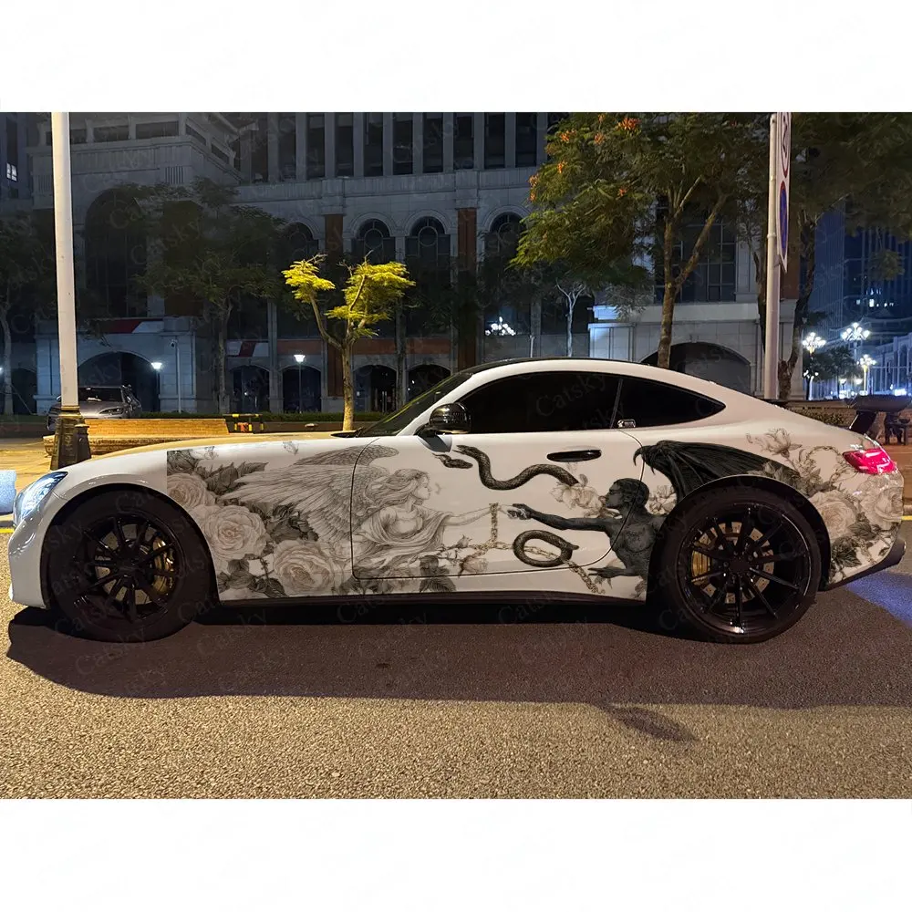 2pcs Good And Evil Twin Angels Car Side Wraps, Self-Adhesive PVC Waterproof & Scratch-Resistant Stickers, Car Accessory Gift