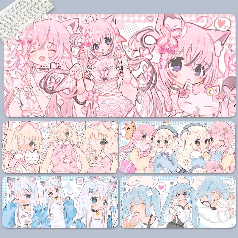 Japanese Sweet Pink Anime Girl Mouse Pad, Large Heart Lock Edge Desk Pad, XXL Office Computer Keyboard Mat, Cute Non-Slip