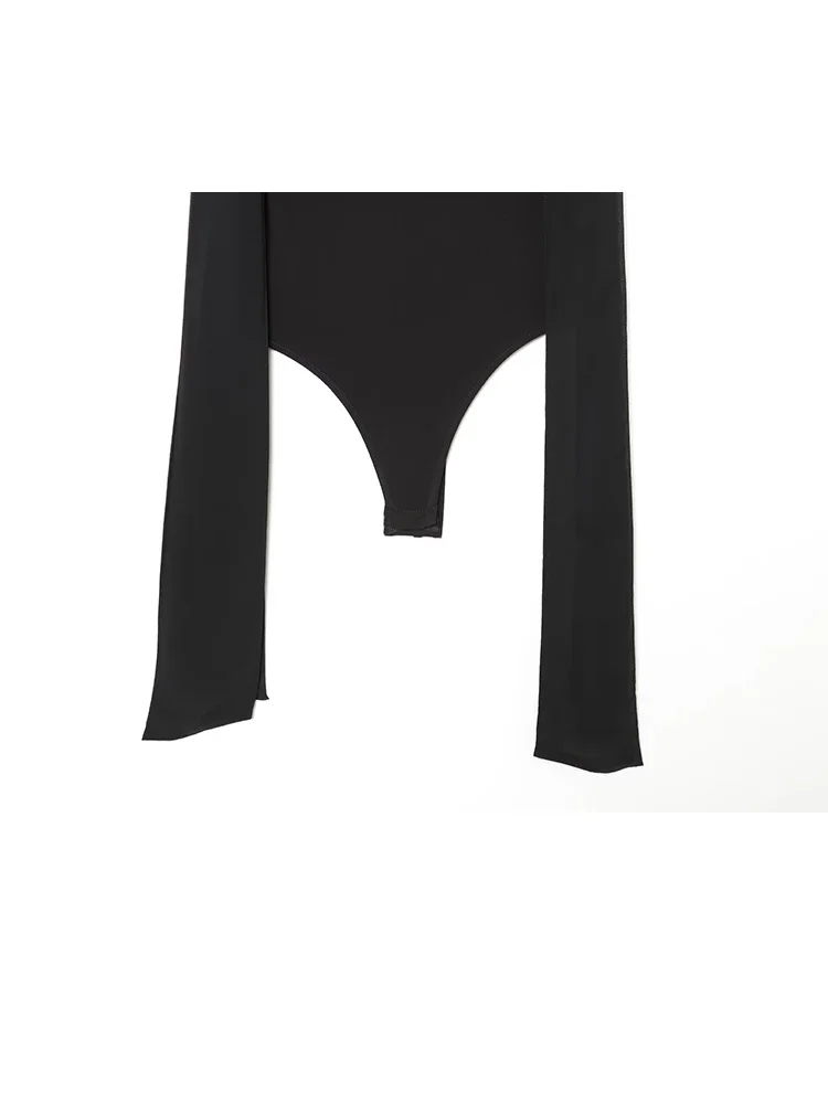 HH Women Elegant Round Collar Long Sleeves Street Black Jumpsuit Woman Bow Decoration Zipper Resilience Splice Short Jumpsuit